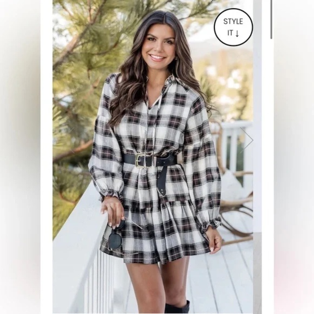 NWOT Pink Lily Falling Back To You Brown Plaid Tiered Mini Dress